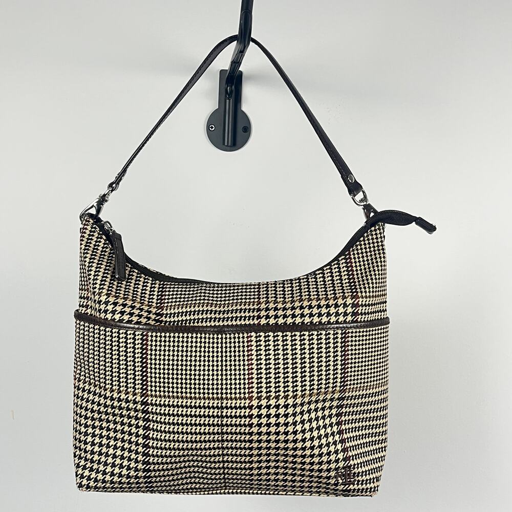 Lauren Ralph Lauren Houndstooth Plaid Hobo Shoulder Bag Canvas Leather Trim